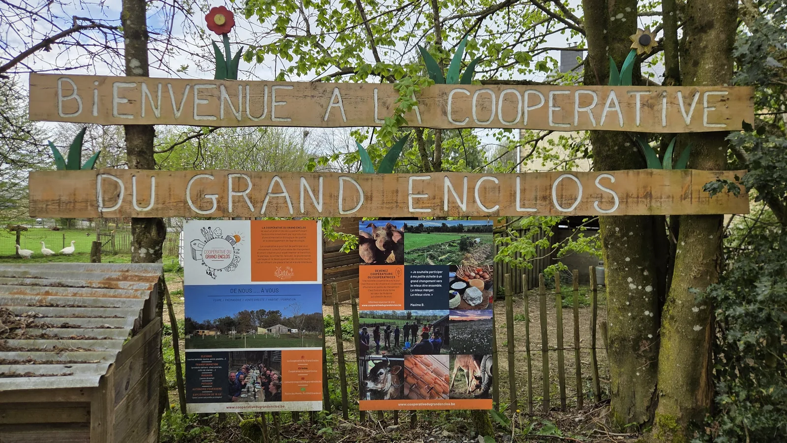 Pancarte en bois clouée entre deux arbres, avec l'inscription peinte « Bienvenue à la coopérative du Grand Enclos », fleurs en bois découpées tout autour, panneaux d'information à l'arrière-plan