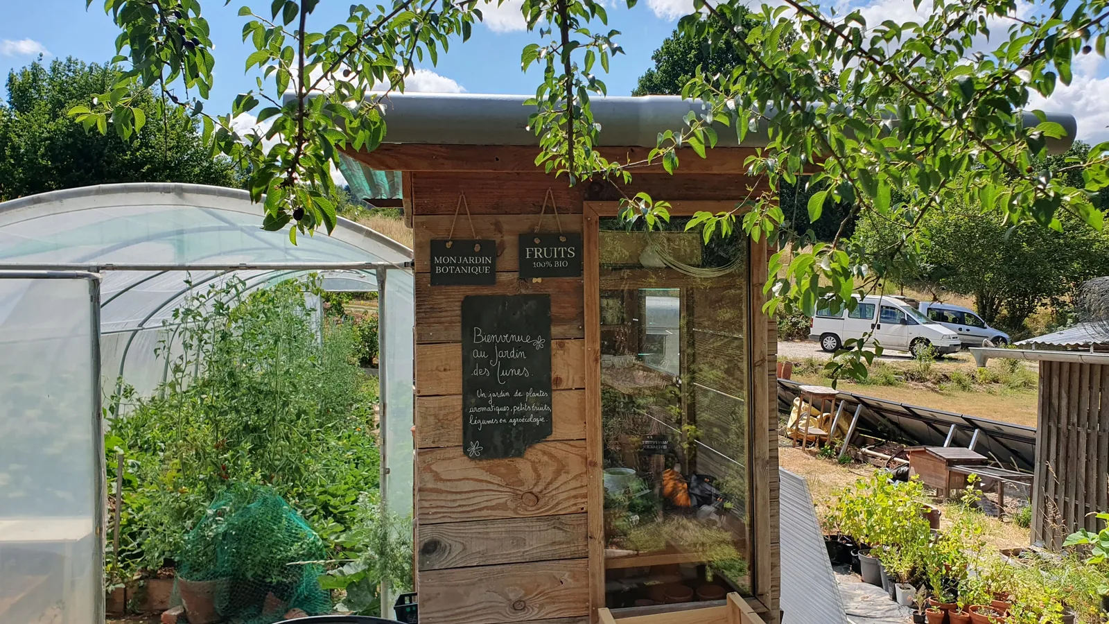 L'entrée du Jardin des Lunes : le petit stand en bois avec son ardoise « Fruits », la serre et les plantes en pots